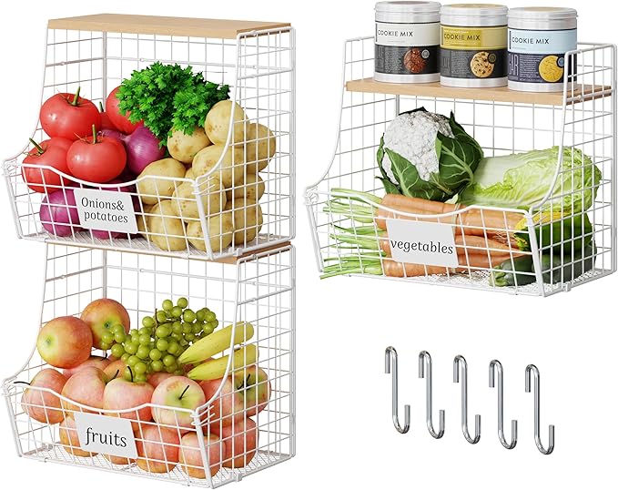 3 Pack Hanging Fruit Basket for Kitchen with Wood Lid - Onion and Potato Storage Fruit Bowl with Nameplate for Counter&Wall M