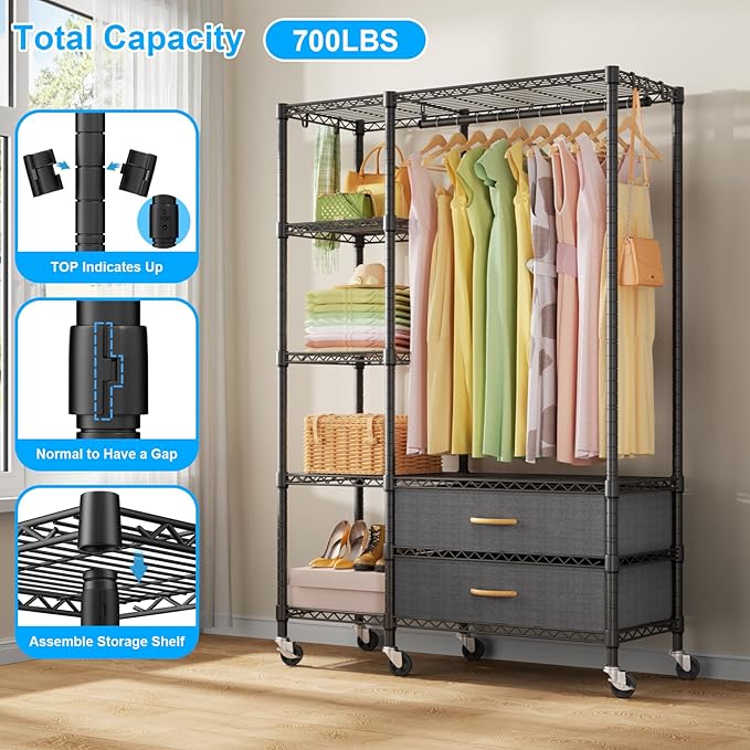 Ulif F3R Heavy Duty Clothes Rack（With Lockable Wheels）Freestanding Clothing Racks for Hanging Clothes，Adjustable Closet Organ