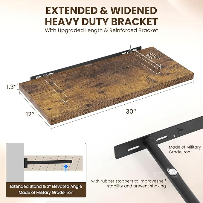 Dreamland 30" Floating Shelves for Wall, 12" Deep Slim Rustic Brown Floating Shelves, Wall-Mounted Shelves for Bedroom, Livin