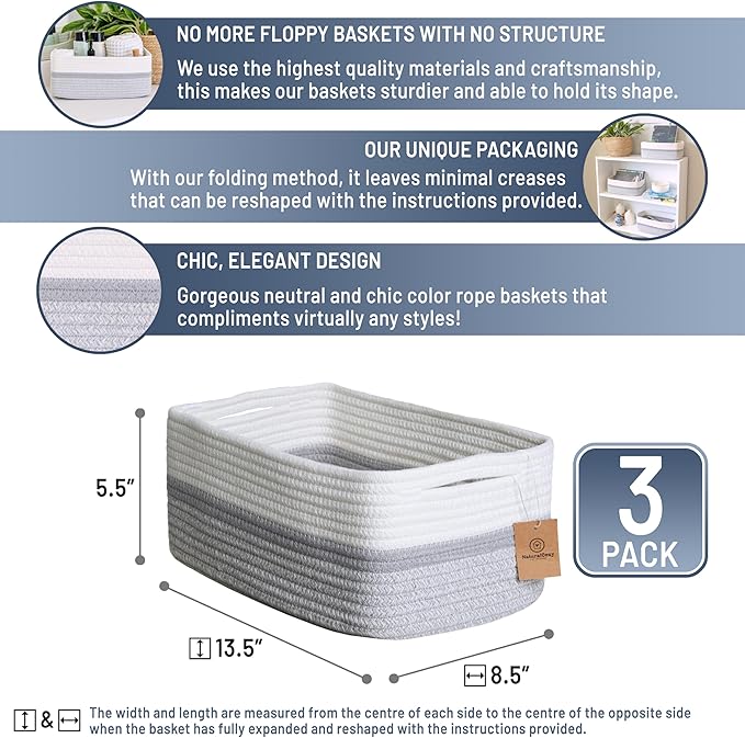 NaturalCozy 13.5”x8.5”x5.5” Storage Baskets for Shelves 3 Pack | Cotton Rope Woven Small Baskets for Organizing | Small Stora
