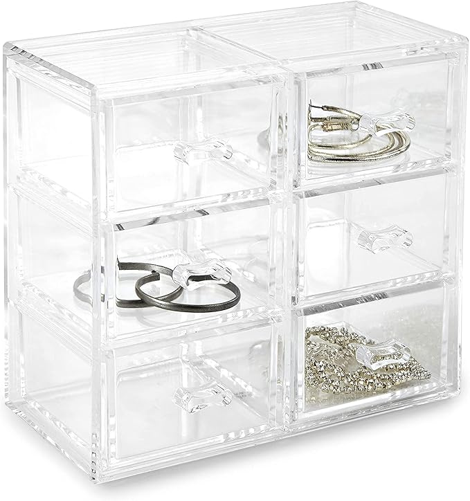 Huang Acrylic Stackable Upright 6-Drawer Jewelry Organizer Crystal Clear Acrylic | Makeup Jewelry Accessories Cosmetic Counte