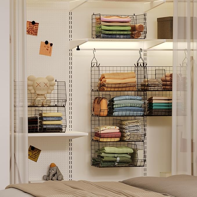 Jautokerdar 4 Tier Hanging Closet Organizer with Dividers,Extra Large Storage Hanging Shelf with 5 S Hooks 4 Dividers,Hang on