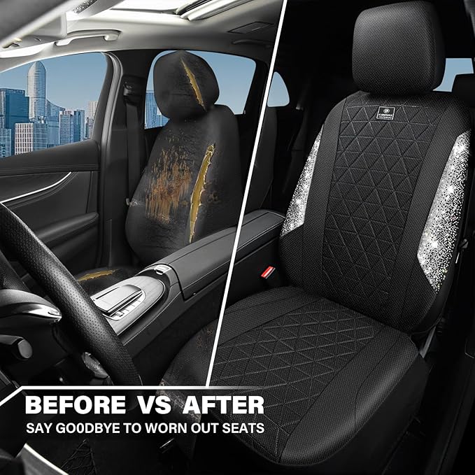 CAR PASS Oxford Bling Diamond Car Seat Covers 2 Front Interior Sets, Waterproof Shining Glitter Sparkly Crystal Universal Arm