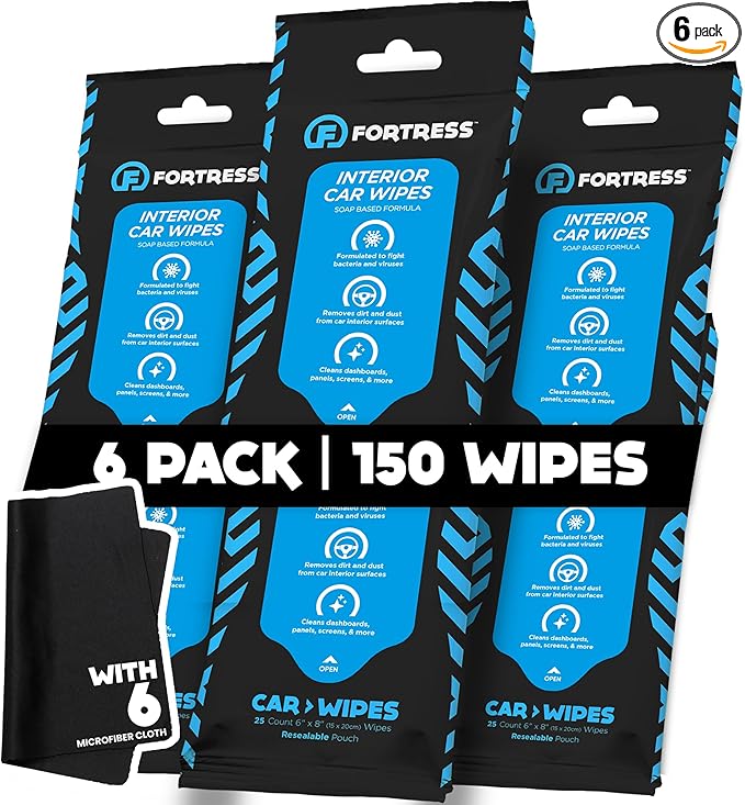 Fortress Car Wipes with Microfiber Cloth (25 ct, Pack of 6) for Interior Cleaning, Dashboard, Seats, Detailing, Steering Whee