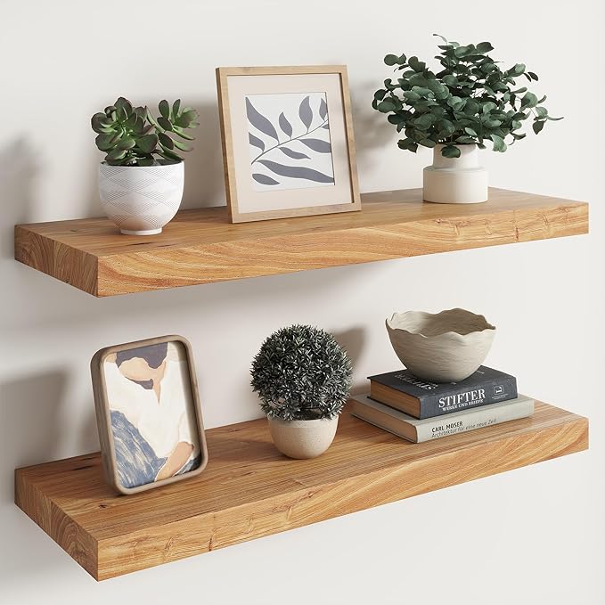 RICHFOCUS Elm Floating Shelves for Wall - 30" W x 9.3" D Rustic Solid Wood Shelves with Invisible Bracket, Wall-Mounted for L