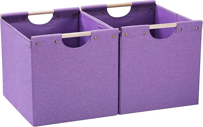 HOONEX Large Foldable Storage Bins, Linen Fabric, Pack of 2, Storage Baskets with Wooden Carry Handles and Sturdy Heavy Cardb