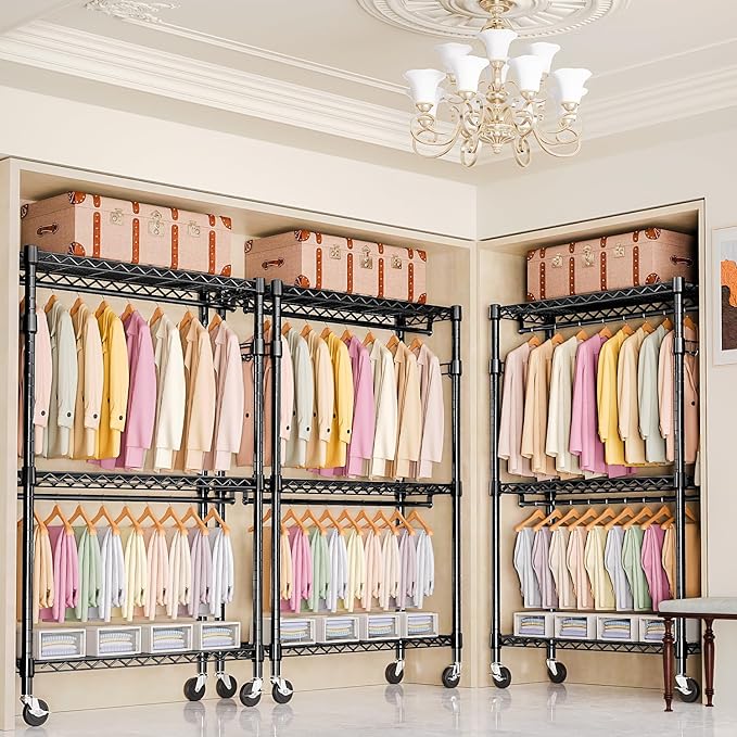 M MZG Heavy Duty Rolling Garment Rack 3 Tiers Adjustable Wire Shelving Clothes Rack with 2 Rods and Side Hooks, Storage Close