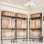 M MZG Heavy Duty Rolling Garment Rack 3 Tiers Adjustable Wire Shelving Clothes Rack with 2 Rods and Side Hooks, Storage Close