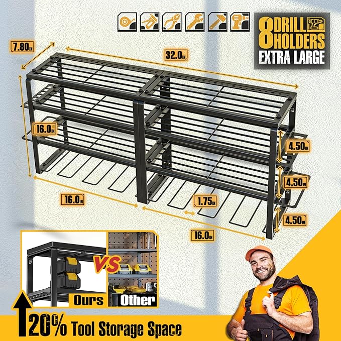 Spampur Power Tool Organizer Wall Mount, Heavy Duty 420LB with 8-Slot Drill Holder - All-in-One Garage Storage for Workshop, 