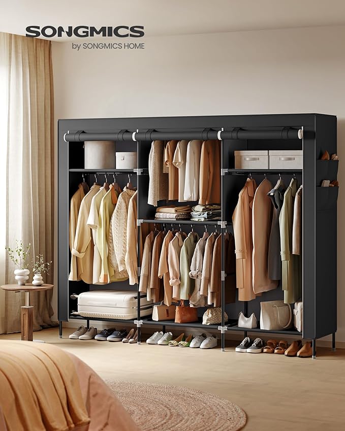 SONGMICS Portable Closet, Fabric Wardrobe, Clothes Rack with Shelves, Pockets, Large Capacity, 4 Hanging Rods, 74.4 x 17.7 x 