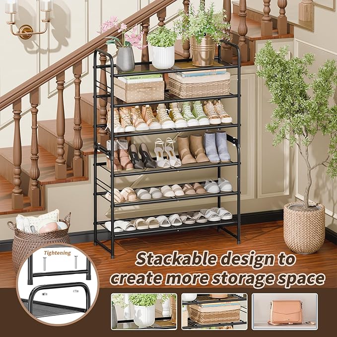 SUFAUY 3-Tier Mesh Shoe Rack, Closet Metal 33" Wide Shoe Shelf Heavy Duty, Black