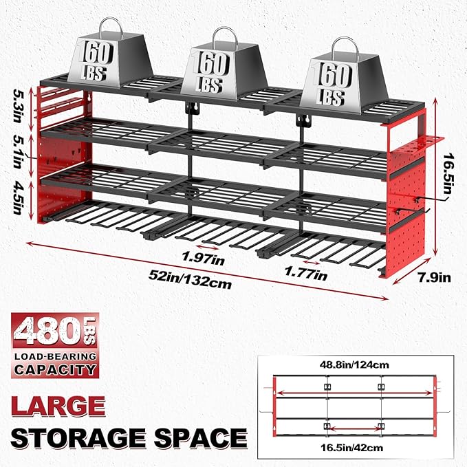 Power Tool Organizer Wall Mount, Cordless Drill Hanger Storage Rack 8 Drill Holder, 4 Layer Heavy Metal Large Capacity Tool R