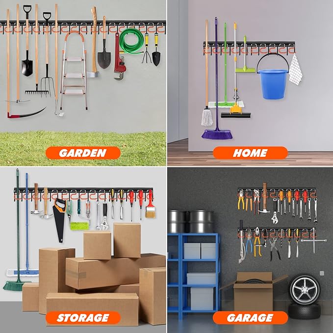 TVKB 51'' All Metal Garden Tool Organizer Adjustable Garage Tool Organizer Wall Mount Garage Organizers and Storage with Heav