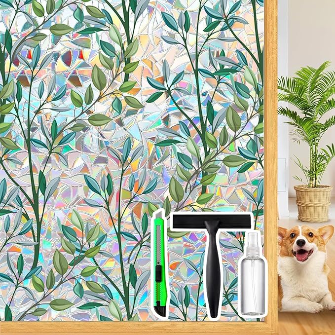 Rainbow Privacy Film with Cutting Line, 3D Decals Stained Glass Window Clings, Static Cling Window Sticker, Suncatcher - 35.4" x 157.4"