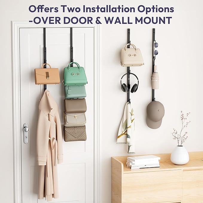 SWTYMIKI Over the Door Purse Organizer - 2 Packs Wall Mounted Purse Rack with 5 Hooks Design, Hanging Handbag Organizer Stora