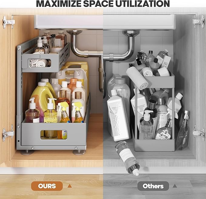 2 Pack 21IN-Depth Under Sink Organizer,Pull Out Cabinet Organizer With Smooth Cylindrical Rail,Metal Slide Out Drawer for Kit