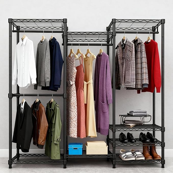 KAXIWEI Portable Closet Wardrobe – Heavy-Duty Freestanding Clothes Rack with 4 Hanging Rods & 8 Shelves, Adjustable Clothing 