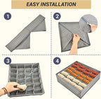 PINGMIC Gray Sock Organizer Divider 2 Pack - 24 Cell Foldable Closet Storage, Tie Organizer For Men Boxes for Socks, Ties, Be