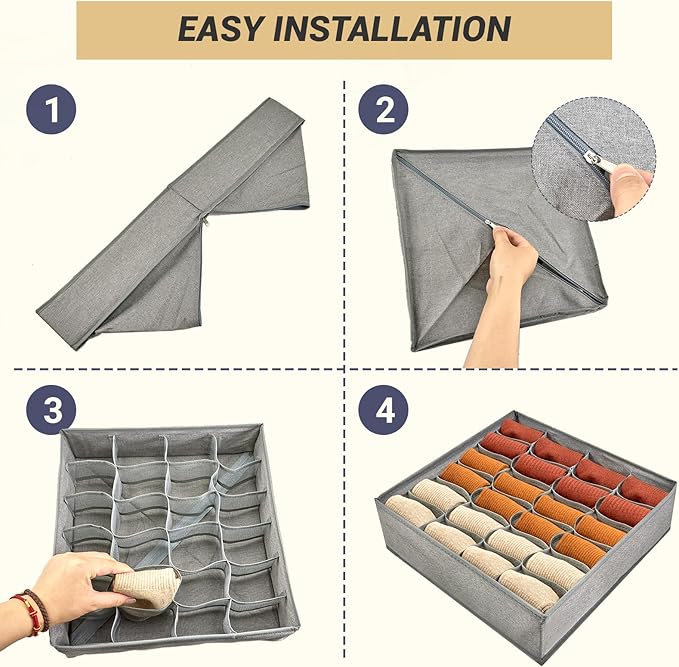 3 Pack 72-Cell Fabric Sock Organizer and Tie Organizer For Men - Fabric Foldable Drawer Divider for Socks, Underwear, Ties an