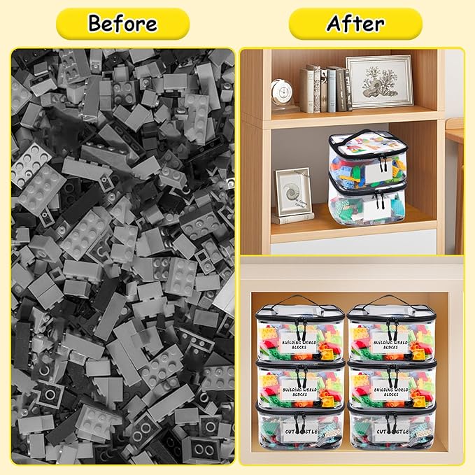Tesuko 6 Pack Clear Toy Storage Bag with Name Tag& Manual Pocket, Waterproof Transparent PVC Toy Organizer Case for Lego Bric