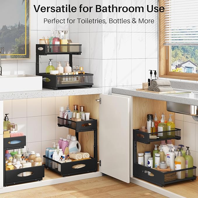 Under Sink Organizer, 2 Tier Pull Out Under Cabinet Organizer Shelf with Pad for Framed Cabinets, Metal Slide Out Under Sink 