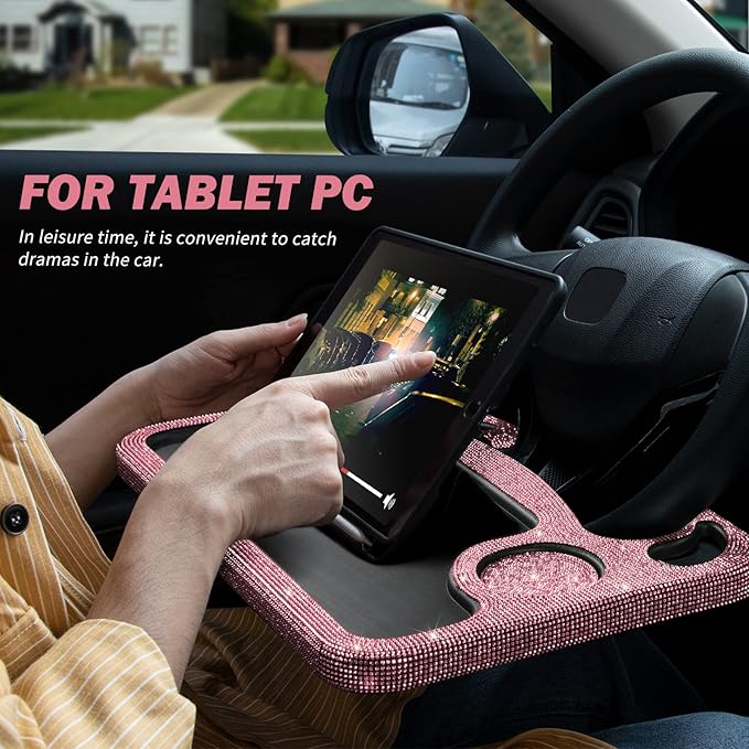 eing Car Eating/Laptop Steering Wheel Desk,Bling Crystal Steering Wheel Tray(16.6"x11.1"(2 in 1)) - Pink