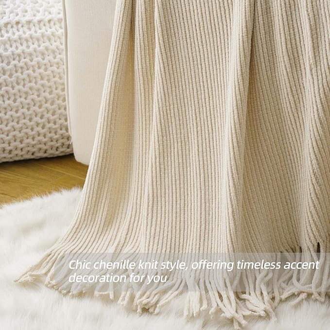 BATTILO HOME Beige Throw Blanket for Couch, Soft Chenille Knit Throws with Tassels for Home Decor, Spring Beige Throws for Co