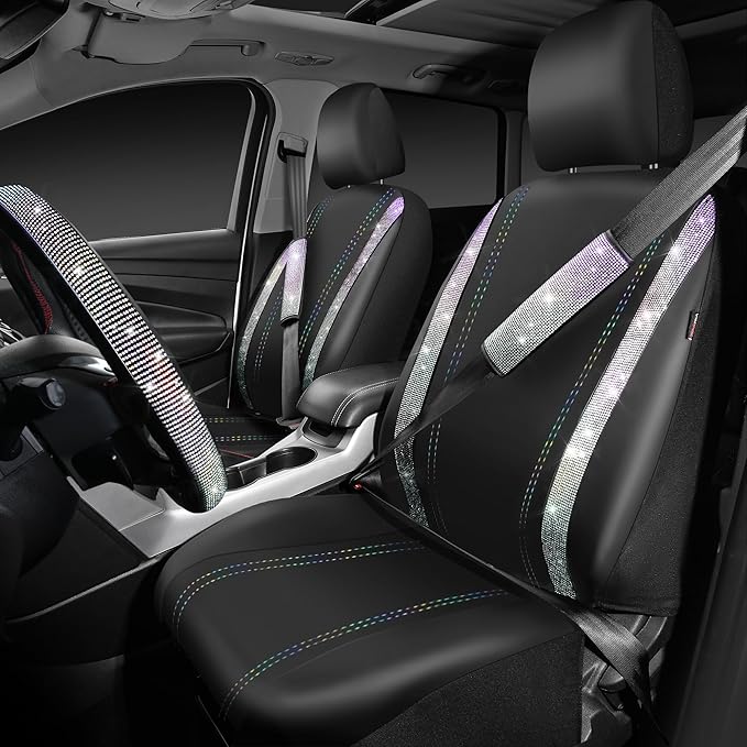 CAR PASS Bling Diamond Leather Seat Covers Sets 12pcs