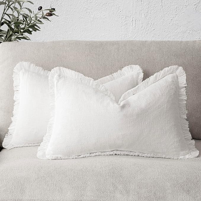 Foindtower Set of 2 Decorative Linen Fringe Throw Pillow Covers Cozy Boho Farmhouse Cushion Cover with Tassels Soft Accent Pi