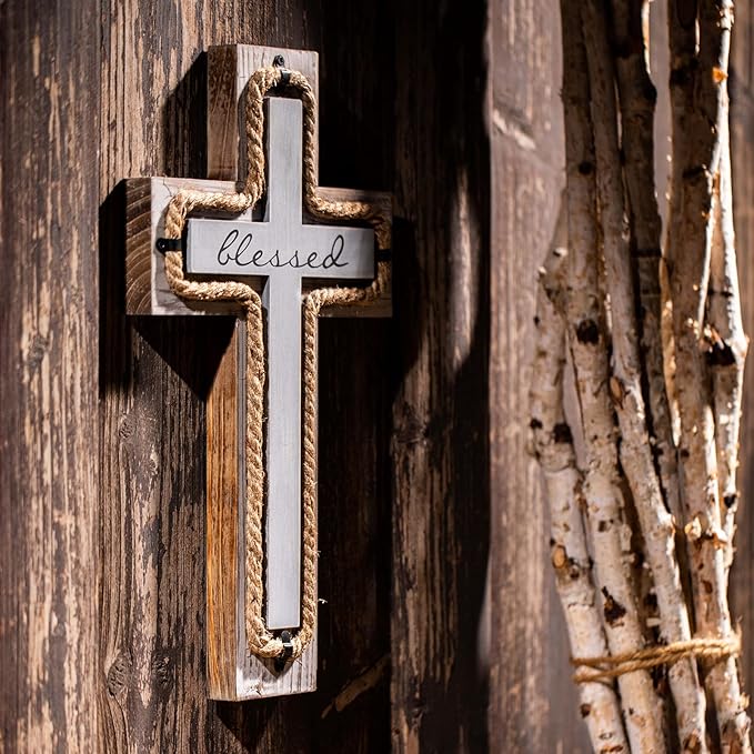 OKSQW Wall Wooden Cross with Wooden Base Christians Crosses Spiritual Religious Cross Christmas Wall Hanging Handmade Wood He
