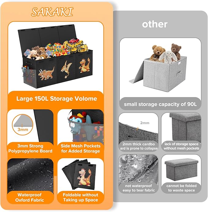 Extra Large Toy Box Chest, Collapsible Sturdy Toy Storage Organizer Boxes Bins Baskets Dinosaur Kids Toy Chest Bin with Lids 