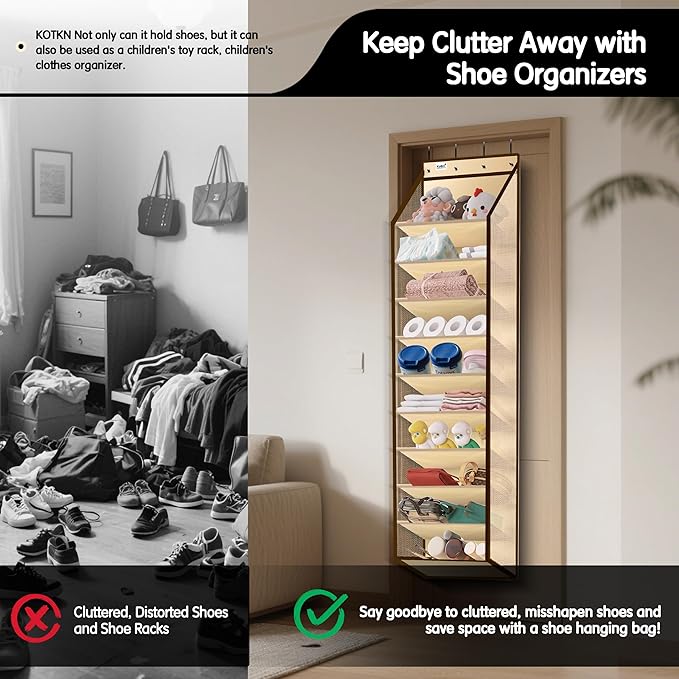 Kotkn 10 Tier Over The Door Organizer - Heavy Duty Hanging Storage Rack with Sturdy Oxford Fabric, Holds 20+ Pairs of Footwea