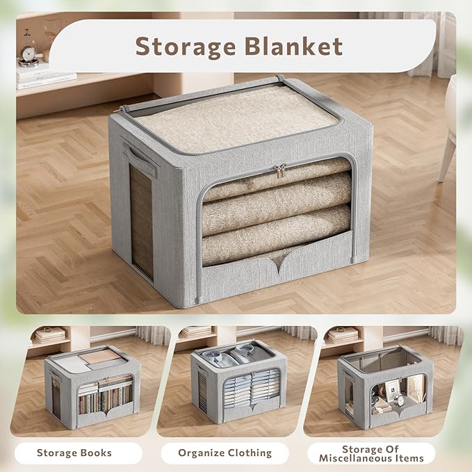 FHSQX 3 Pack Clothes Storage Bins Foldable Metal Frame Storage Box Stackable Linen Fabric Organizer Set with Carrying Handles