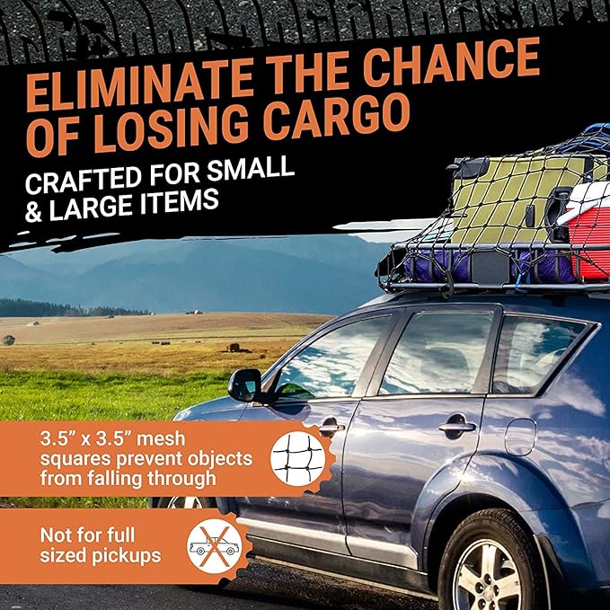Truck Bed Cargo Net – 3 x 4 Foot, Heavy-Duty Elastic Mesh with 12 Hooks and 12 Blue Clips and Storage Bag for Pickup for Cargo Netting, Securing Loads in Trailers, SUVs & Roof Racks