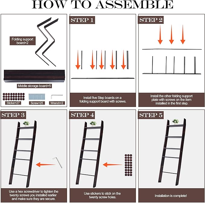 XUNIQUE 5-Tier Blanket Ladder for The Living Room, 4.8 FT Anti-Slip Decorative Ladder Shelf Leaning Quilt Rack, Lightweight, 