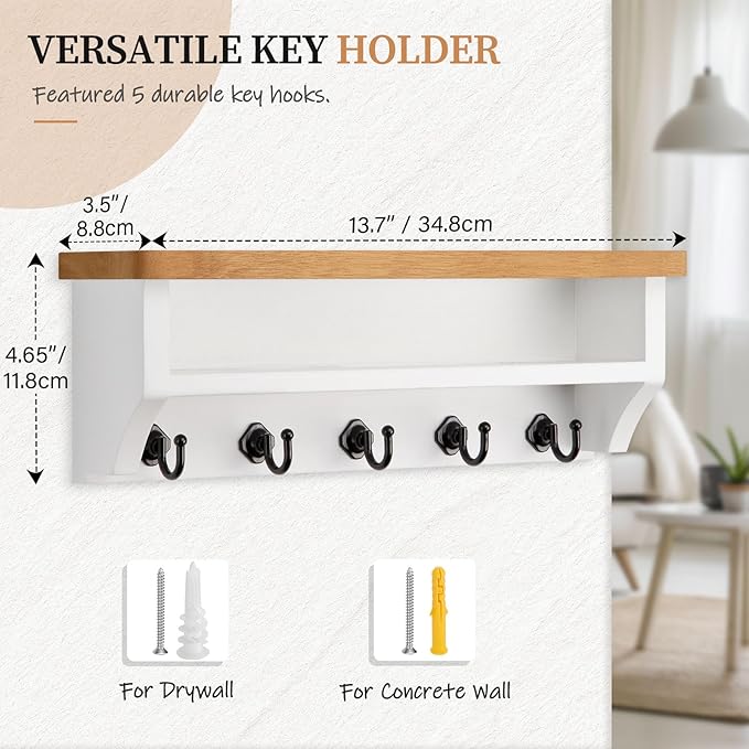Nekon Key Holder Wall Mount, Wall Organizer Shelf with 5 Key Hooks, Room Decor for Home and Apartment Essentials, Wood and Wh