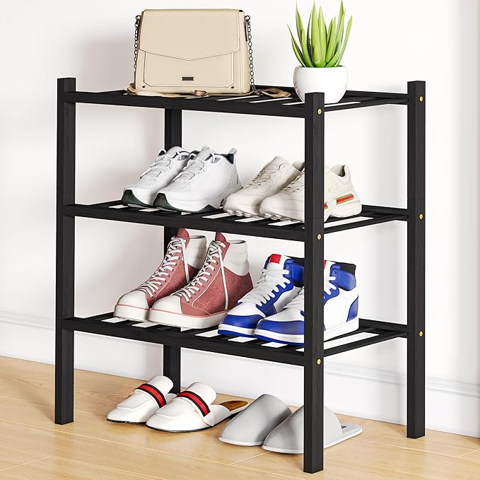 Smiry Shoe Rack, 3 Tier Small Bamboo Shoe Organizer, Stackable Free Standing Wooden Shoe Storage Shelf for Closet, Entryway, 