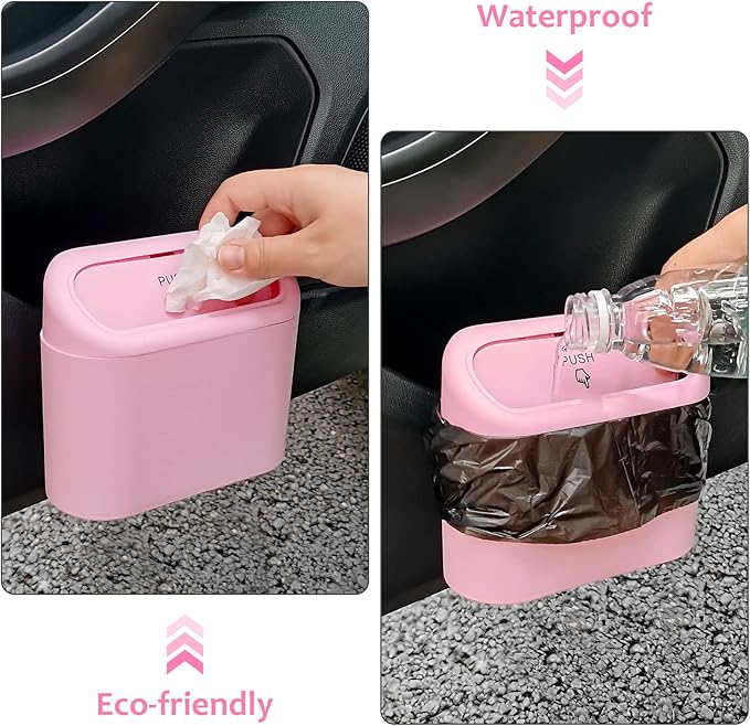 Accmor Car Trash Can with Lid, 2 Pack Pink Mini Vehicle Trash Bin Dustbin Garbage Organizer Holder with Trash Bag, Small Hanging Leakproof Auto Storage Bag Container for Car SUV Home Office