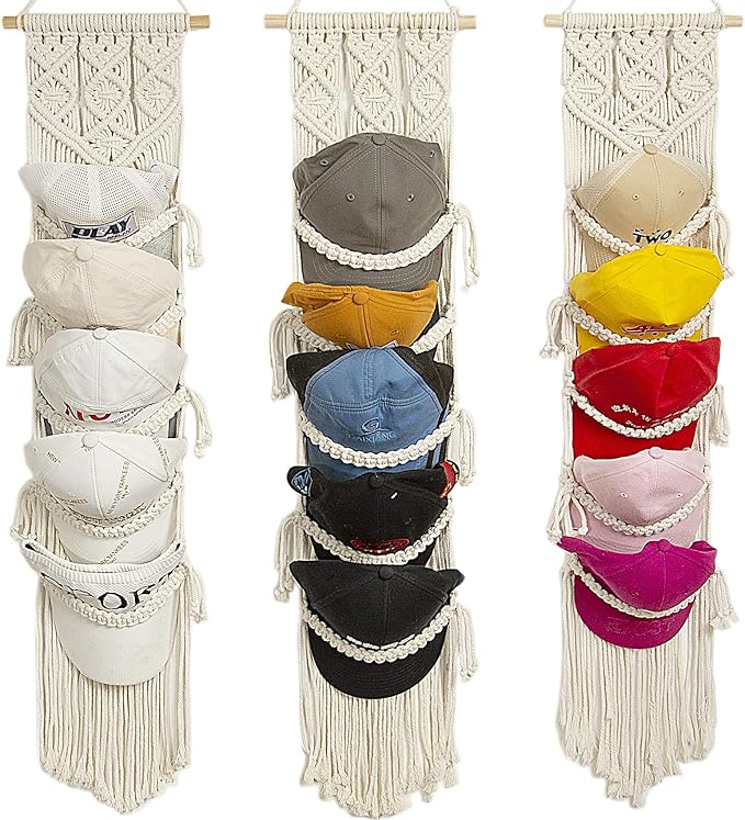 jontell Cap Holder-3 Pack-Hat Organizer for 30 Baseball Caps, Macrame Hat Rack for Wall, Cap Rack for Decoration and Display,
