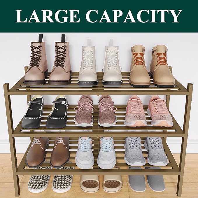 Smiry Bamboo Shoe Rack 3-Tier, Stackable Wooden Shoe Organizer for Entryway & Closet, Free Standing Wood Shoe Storage Shelf f