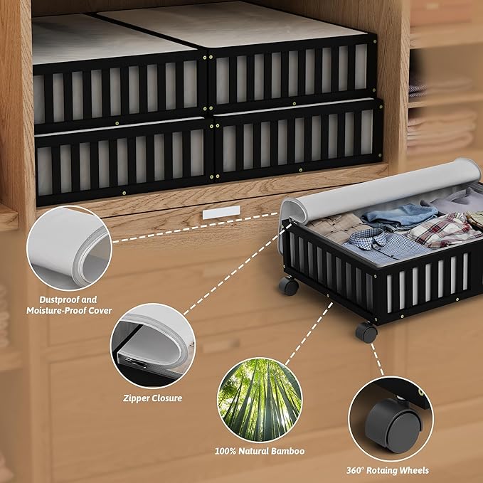 Bamboo Under Bed Storage Containers with Wheels, Rolling Under the Bed Shoe Storage Bins, Wood Stackable Underbed Drawers wit