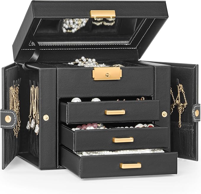 TORIBIO Jewelry Box for Women, Leather Jewelry Organizer with Mirror & Lock, 4-Tier Jewelry Storage Organizer with 3 Drawers 