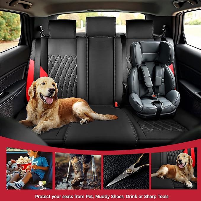 FREESOO Black Red Car Seat Covers Full Set - Faux Nappa Leather Seat Covers for Cars, Breathable Waterproof Front Seats with 