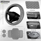 CAR PASS 3D Rhombus Memory Foam Leather Steering Wheel Cover Set, Comfortable Center Console Armrest Cushion Cover with Storage Bags Non-Slip Cup Coasters, 14.5-15in Car Interior Sets, 4 PCS All Gray