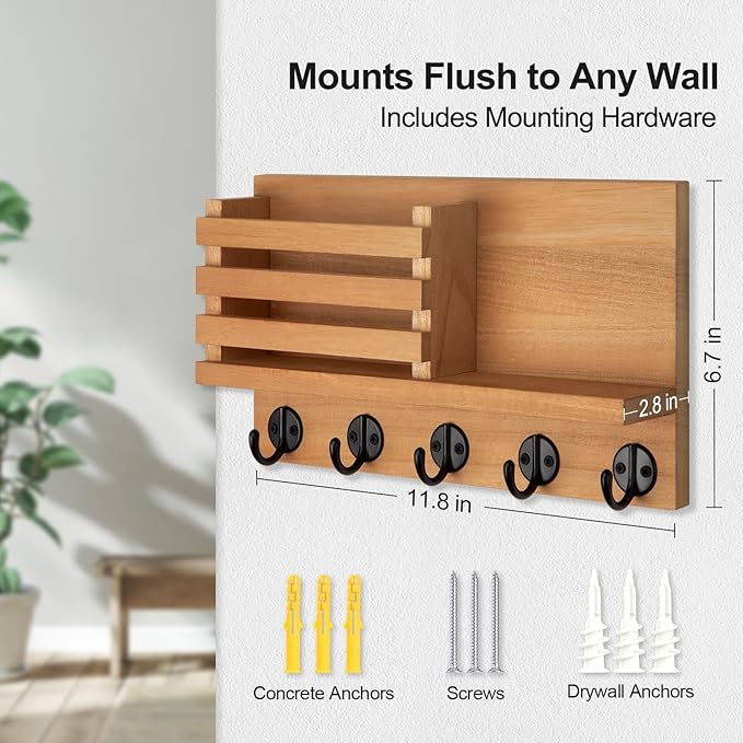 Lwenki Key Holder for Wall – Decorative Wooden Mail Holder and Key Shelf with Mounting Hardware, Installation Guide – Paulown