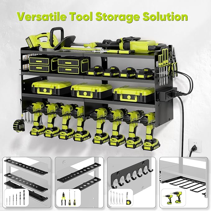 POKIPO Large Power Tool Organizer Wall Mount with Charging Station,4 Layer Heavy Duty Metal Tool Storage Rack Loads 600lbs wi