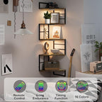 Corner Floating Shelves with Lights - 5 Tiers Corner Shelf Wall Mounted, Bookshelf with LED Light, Floating Shelves for Wall,