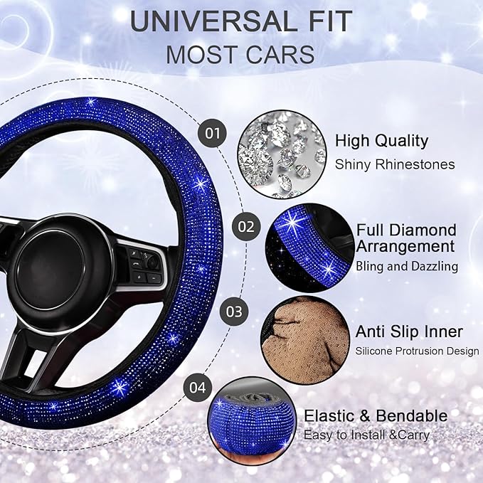 NBTEPEM Bling Car Floor Mats Full Set and Steering Wheel Cover, Universal Fit Most Cars, 4 pcs Sparkle Glitter Diamond Carpet, 5 pcs Bling Car Accessories Set for Women (Blue Diamond)