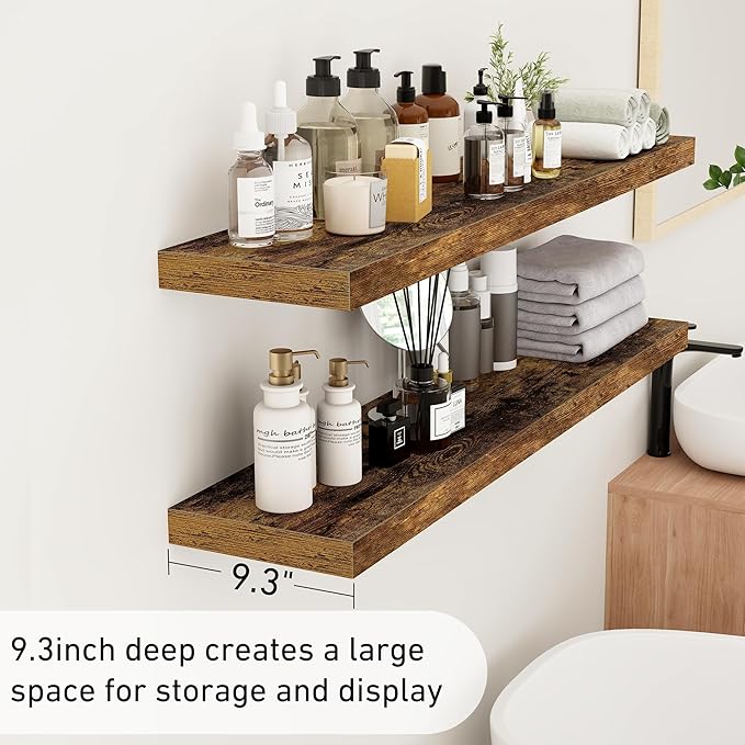 Fun Memories 48Inch Floating Shelves, 9.3Inch Deep Rustic Wall Shelves - Extra Deeper & Thicker Wall Mounted Storage Shelf fo