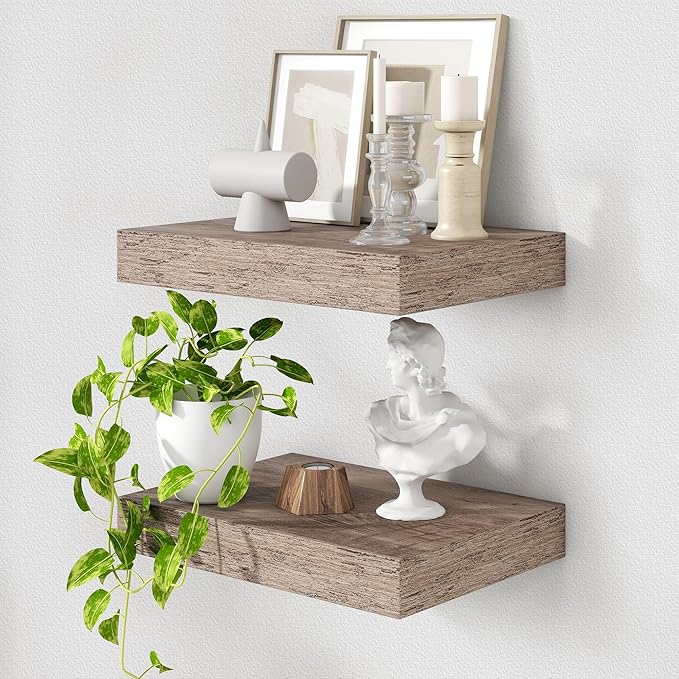 Deep Floating Shelves | 16 Inch Grey Floating Shelves Set of 2 | 12 Inch Deep Rustic Grey Wall Shelves | Deep Shelves for Liv
